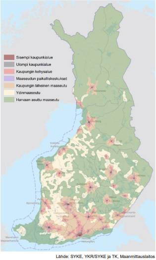Suomen kartta, jossa esitetty kaupunki-maaseutuluokitus